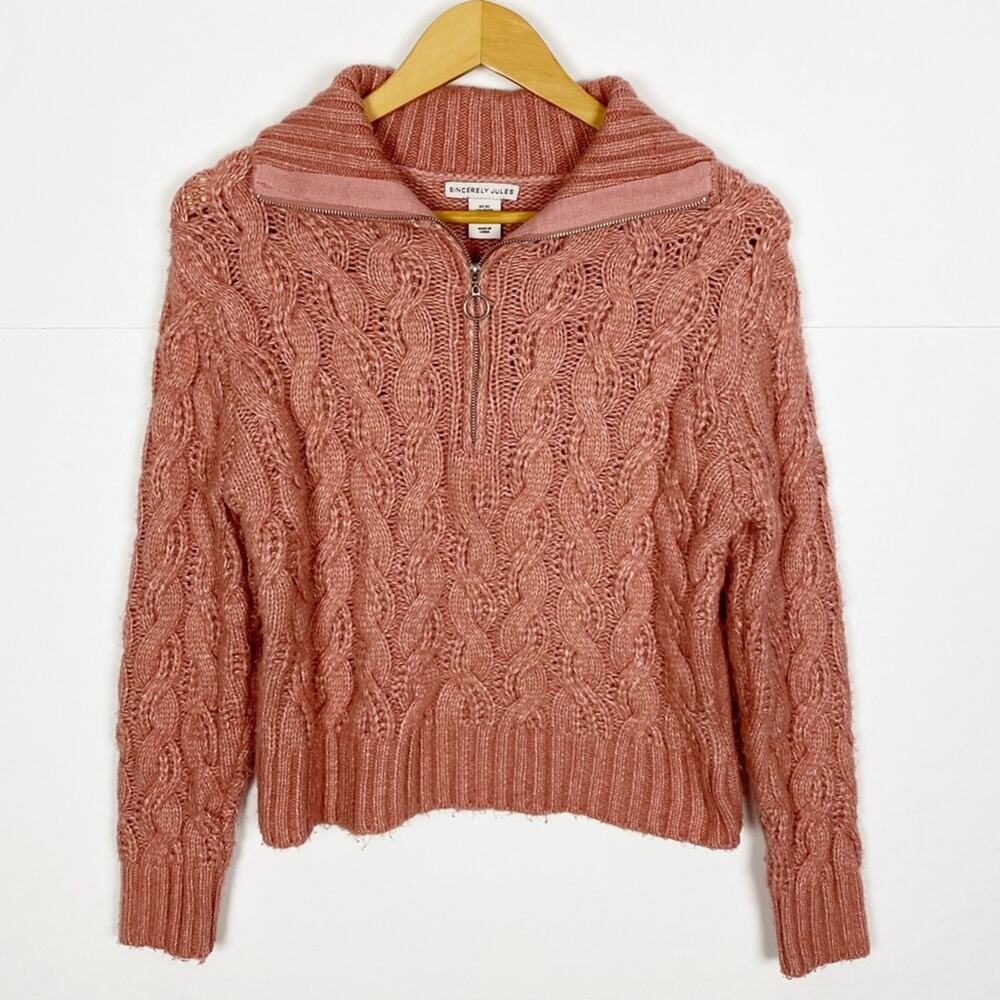 Sincerely Jules Sweater Womens XS Cable Knit 1/4 Zipper Pull Pink Mock Neck